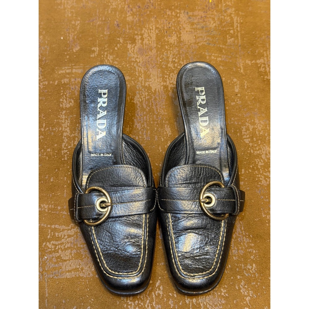 Prada Black Leather Buckle Mule Slides Square Toe Kitten Heel Made in Italy 37